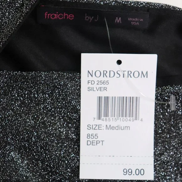 NWT Fraiche by J Metallic Shimmer Deep V-Neck Fit & Flare Minidress Silver Black - Picture 4 of 8